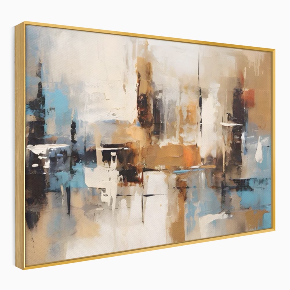 Tablou canvas cu pictura abstracta cu linii verticale, in rama de aluminiu auriu